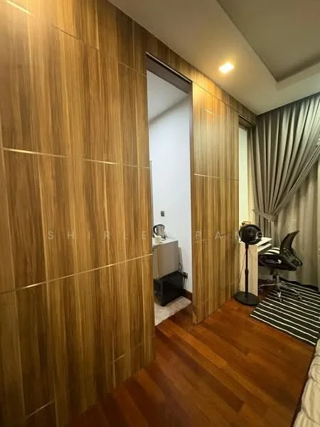 Room features: wood panelled walls, dark wood flooring, recessed lighting, curtains, wall-mounted fan, striped area rug, doorway leading to another room, minimalist decor; style: modern.