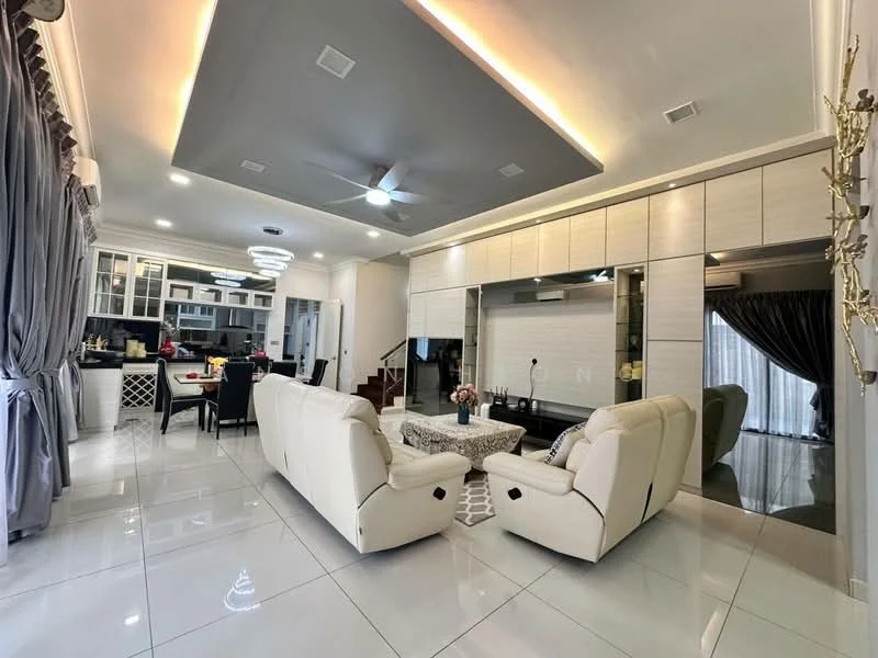 Living features: white leather sofa, 2-seater sofa, coffee table, recessed ceiling with LED lighting, ceiling fan, large windows with sheer curtains, wall-mounted TV, built-in cabinetry with mirrored doors, glossy white tile flooring, decorative wall art, dining area visible in background, open layout to kitchen; style: modern.