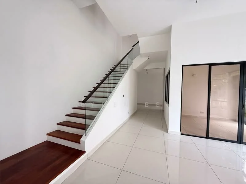 Room features: wooden staircase with glass railing, white painted walls, large floor tiles in glossy finish, recessed downlights, open layout, large glass sliding door, high ceiling, neutral color palette; style: modern.