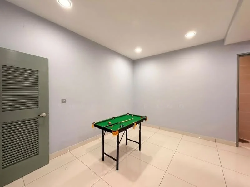 Room features: light grey painted walls, white tiled flooring, recessed downlights, green felt pool table, single door with louvered design, corner wall with no visible windows, neutral color scheme; style: modern.
