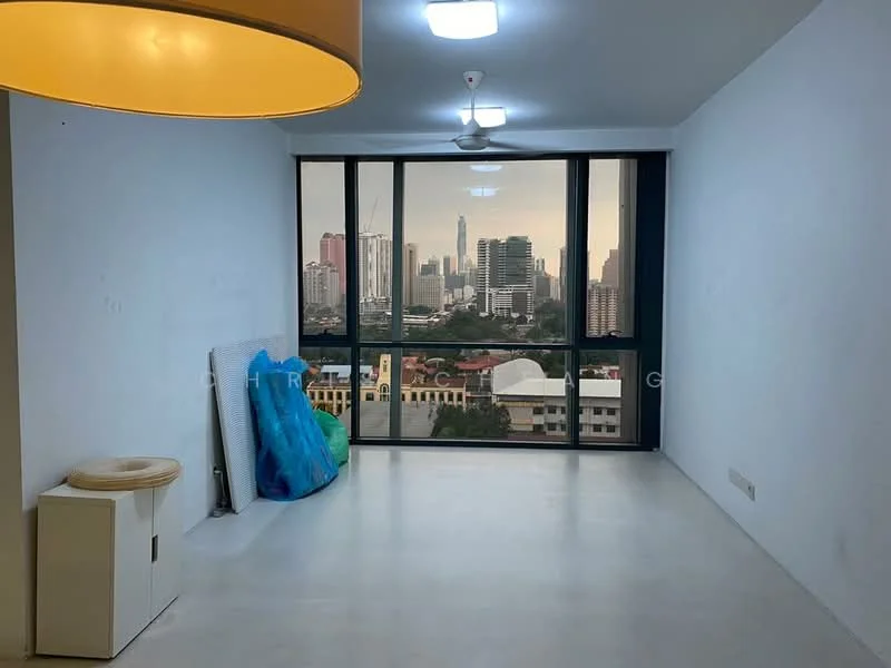 Living features: white painted walls, concrete flooring, floor-to-ceiling windows, city skyline view, ceiling fan, light fixture, unfurnished space, sliding door access to balcony; style: modern; view: city.