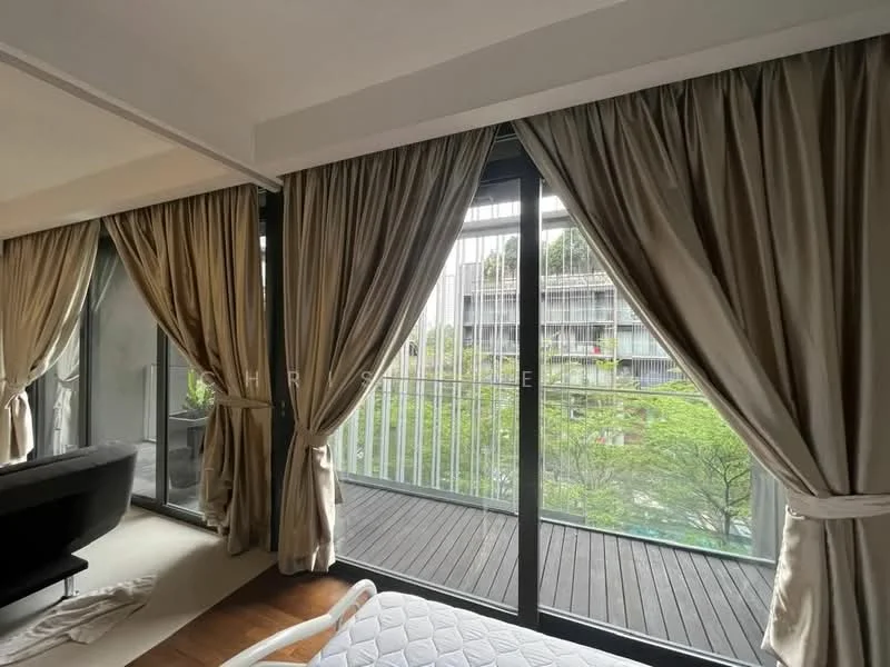 Room features: floor-to-ceiling windows, sheer curtains, blackout curtains, wooden flooring, balcony view, neutral wall colour, modern decor, natural light; style: modern; view: garden.