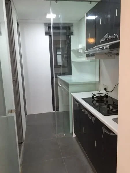 Kitchen features: black cabinetry, white countertop, glass partition, gas stove with 2 burners, built-in oven, refrigerator, grey tile flooring, wall-mounted extractor hood, under-cabinet lighting, open shelving, sink, wall-mounted air conditioning unit; style: modern.
