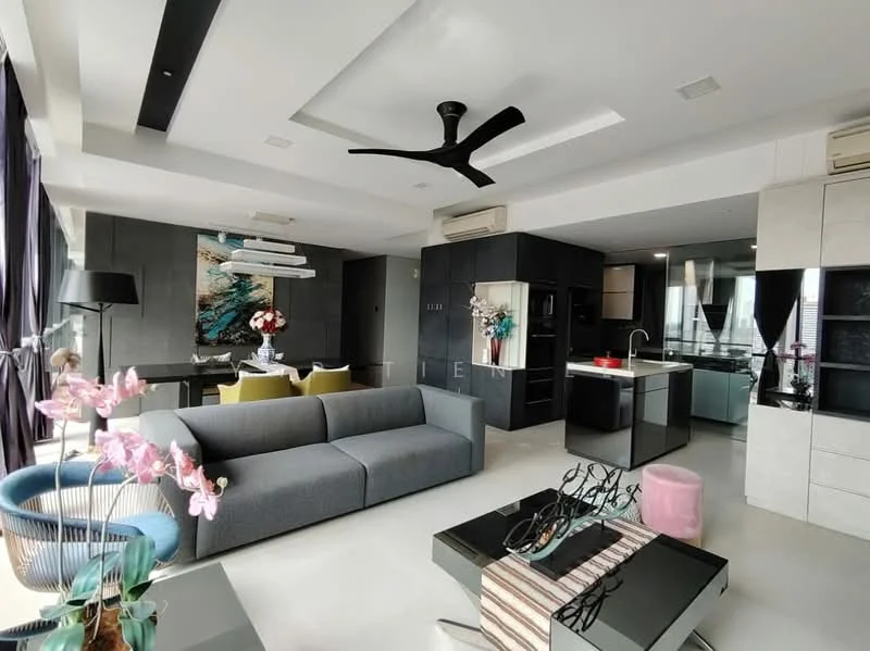 Living features: grey fabric sofa, 5-blade ceiling fan with light, recessed downlights, coffee table, area rug, wall-mounted artwork, floor-to-ceiling windows, open-plan layout with kitchen and dining area; style: modern; view: city. Kitchen features: stainless-steel sink, chrome pull-down faucet, black cabinetry, white countertop, built-in oven, freestanding range oven, refrigerator, pendant lighting; style: modern. Dining features: 6-seater dining table, upholstered dining chairs, decorative centerpiece; style: modern.