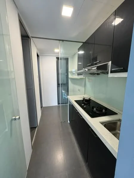 Kitchen features: black cabinetry, white countertop, glass splashback, built-in oven, 4-burner gas hob, stainless-steel sink, single-bowl stainless-steel sink, recessed LED downlights, sliding glass door, grey tile flooring, open shelving, pantry storage; style: modern.