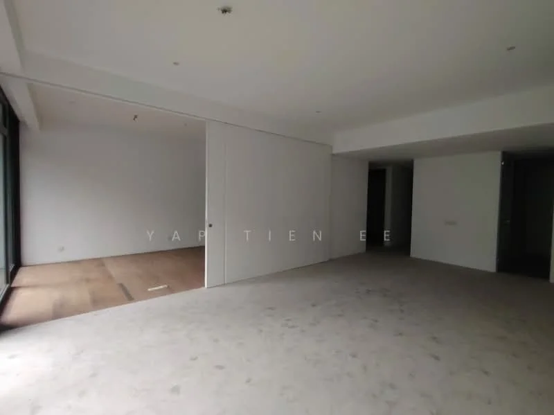 Room features: white painted walls, concrete flooring, large windows, sliding door, open layout, natural light, neutral color palette, no visible furniture; style: modern.