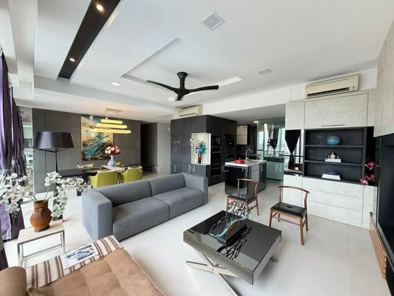 Living features: 3-seater fabric sofa in grey, 2-seater leather sofa, coffee table with glass top, TV console with built-in shelving, wall-mounted TV, ceiling fan with integrated LED light, recessed downlights, floor-to-ceiling windows, decorative plants in ceramic pots, area rug with geometric pattern, dining table with upholstered chairs, artwork on walls; style: modern; view: city.
