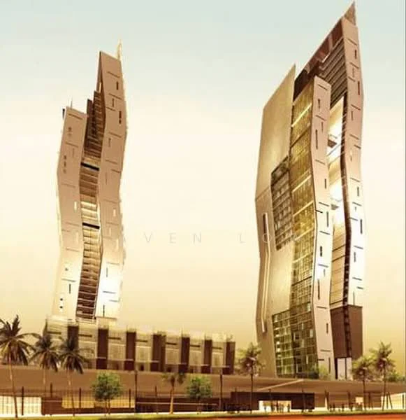 Exterior type: high-rise condominium; features: glass curtain wall, exposed concrete facade, projecting balconies, feature lighting at night, palm trees in landscaping, modern architectural design; style: modern.