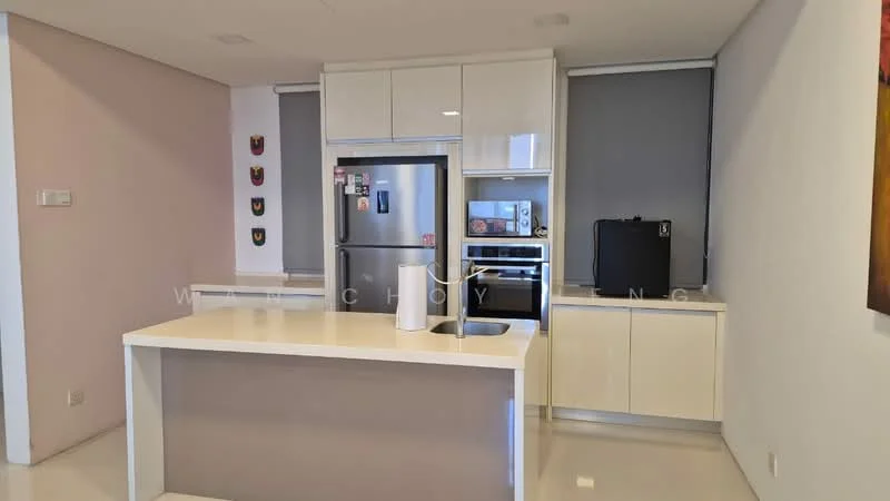 Kitchen features: white cabinetry, stainless-steel fridge, built-in oven, 4-burner gas hob, single-bowl stainless-steel sink, chrome pull-down faucet, white quartz countertop, grey roller blinds, wall-mounted microwave, decorative wall art, open shelving; style: modern.