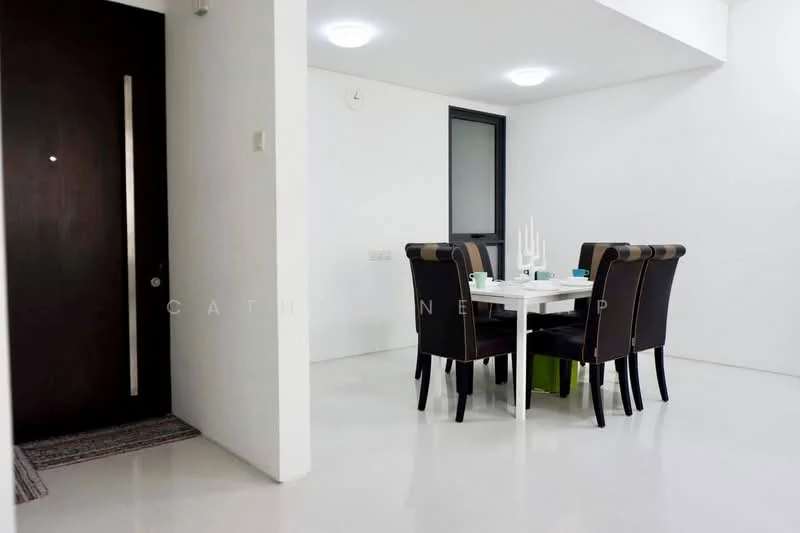 Dining features: white painted walls, polished concrete flooring, dining table, 6 upholstered dining chairs in black, ceiling lights, door to hallway, window with black frame; style: modern. Room features: white painted walls, polished concrete flooring, door to hallway.