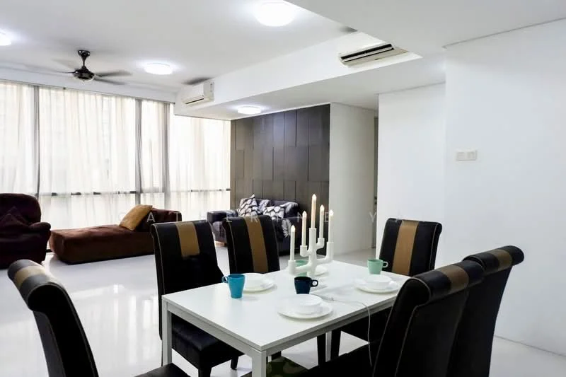 Dining features: white dining table, black upholstered dining chairs, candles on table, blue and green cups, table setting with plates, recessed ceiling lights, air conditioning unit, open layout, polished tile flooring; style: modern. Living features: brown fabric sofa, beige fabric sofa, ceiling fan, floor-to-ceiling windows with sheer curtains, wood accent wall, open layout, polished tile flooring; style: modern.