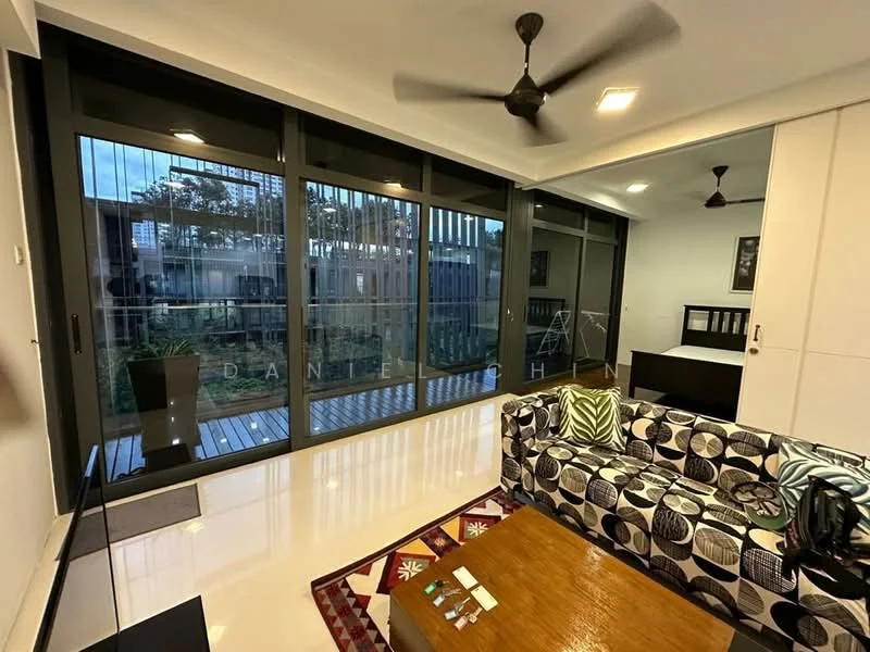 Living features: 3-seater fabric sofa with geometric pattern, coffee table, floor-to-ceiling windows, sliding glass door, ceiling fan, polished tile flooring, decorative area rug, wall-mounted TV, built-in cabinetry, natural light from windows; style: modern; view: garden.