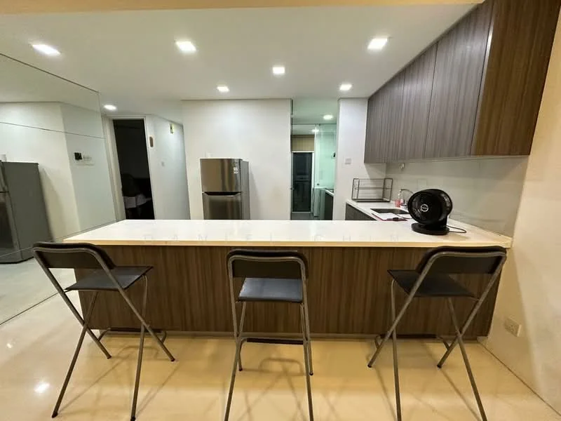 Kitchen features: marble countertop, wood cabinetry, stainless-steel fridge, built-in oven, ceramic cooktop, bar seating with stools, recessed LED downlights, tile flooring, open layout, kitchen island; style: modern.