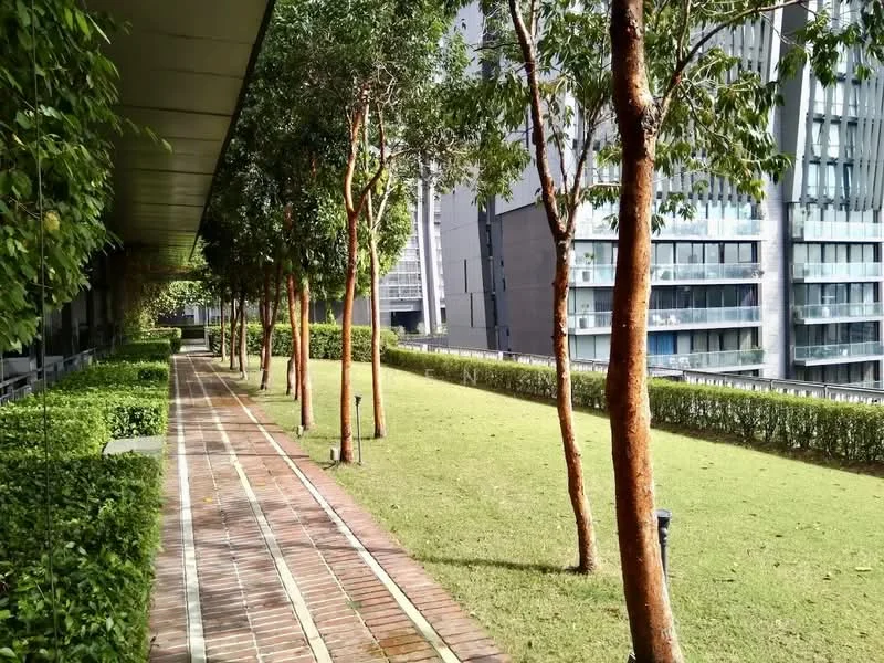 Exterior type: landscape garden; features: manicured lawn, paved walkway, hedge borders, mature trees, modern high-rise buildings in background, greenery, open space; style: modern.