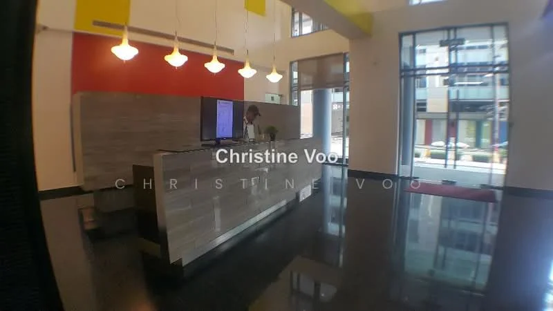 Room features: reception desk with grey stone surface, black polished tile flooring, hanging pendant lights, large glass windows, modern design, wall-mounted TV, open layout, brightly lit space; style: modern; view: street.
