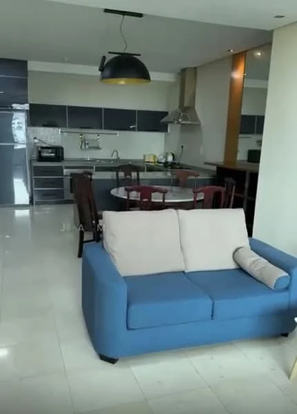 Living features: blue fabric sofa, cream throw pillow, dining table with four chairs, pendant light fixture, open-plan layout, tile flooring, wall-mounted kitchen cabinets, stainless-steel range hood, built-in oven, microwave, kitchen countertop, sink, kitchen appliances, refrigerator; style: modern.
