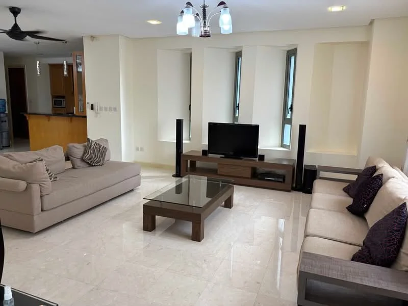 Living features: 3-seater fabric sofa in beige, 2-seater fabric sofa in beige, coffee table with glass top, TV console in dark wood, wall-mounted TV, floor-to-ceiling windows, marble tile flooring, ceiling fan with light, decorative cushions in purple, recessed downlights, neutral painted walls, open layout to kitchen; style: modern; view: city.