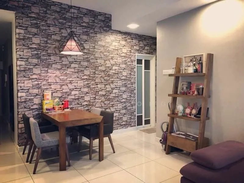 Dining features: wood dining table, 4 upholstered dining chairs in grey, stone accent wall, white painted walls, recessed ceiling lights, pendant light fixture, tile flooring, open shelving unit, decorative items on shelves, vacuum cleaner visible; style: modern.