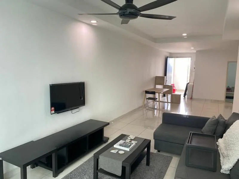Living features: grey fabric sofa, 3-seater sofa, black coffee table, black TV console, wall-mounted TV, area rug with geometric pattern, 5-blade ceiling fan with light, recessed downlights, white painted walls, ceramic tile flooring, sliding glass door, dining table with chairs visible in background; style: modern.
