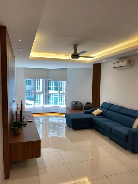 Living features: blue fabric sectional sofa, coffee table, wall-mounted TV, wooden TV console, recessed LED downlights, ceiling fan with light, white painted walls, glossy ceramic tile flooring, floor-to-ceiling windows with sheer curtains, decorative cushions, air conditioning unit; style: modern.