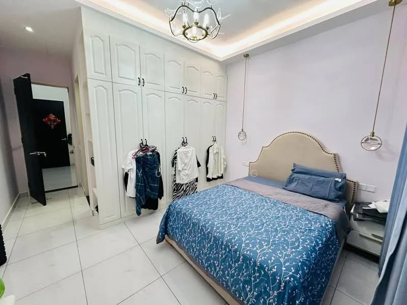 Bedroom features: queen-size bed with blue patterned bedding, upholstered headboard, built-in wardrobe with white cabinetry, pendant light fixture, white painted walls, grey tile flooring, decorative wall art, hanging clothes on hooks; style: modern.