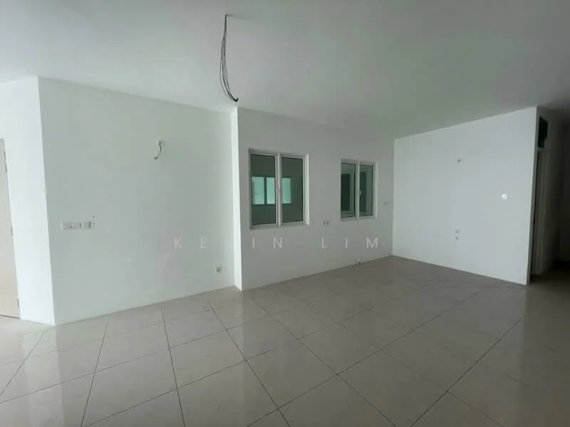Room features: white painted walls, glossy ceramic tile flooring, multiple windows, no visible furniture, neutral color scheme, open layout, ceiling with exposed wiring, natural light from windows; style: minimalist.