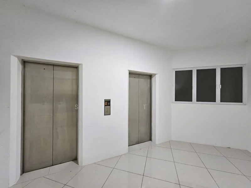 Room features: two metal elevators with stainless steel doors, elevator control panel, white painted walls, white tiled flooring, large window with two panes, neutral lighting; style: modern.