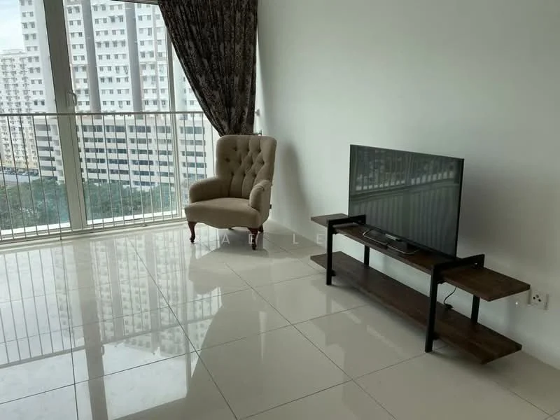 Living features: large floor-to-ceiling windows, white painted walls, glossy ceramic tile flooring, beige tufted armchair, wooden TV console, flat-screen TV, curtains with floral pattern, open layout, city view; style: modern; view: city.