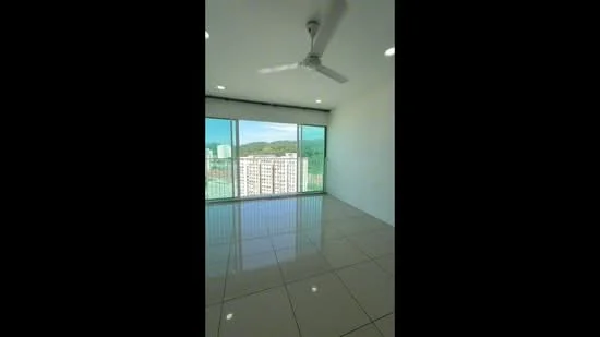 Room features: white painted walls, glossy ceramic tile flooring, 5-blade ceiling fan, floor-to-ceiling windows, city view, natural light, roller blinds; style: modern; view: city.