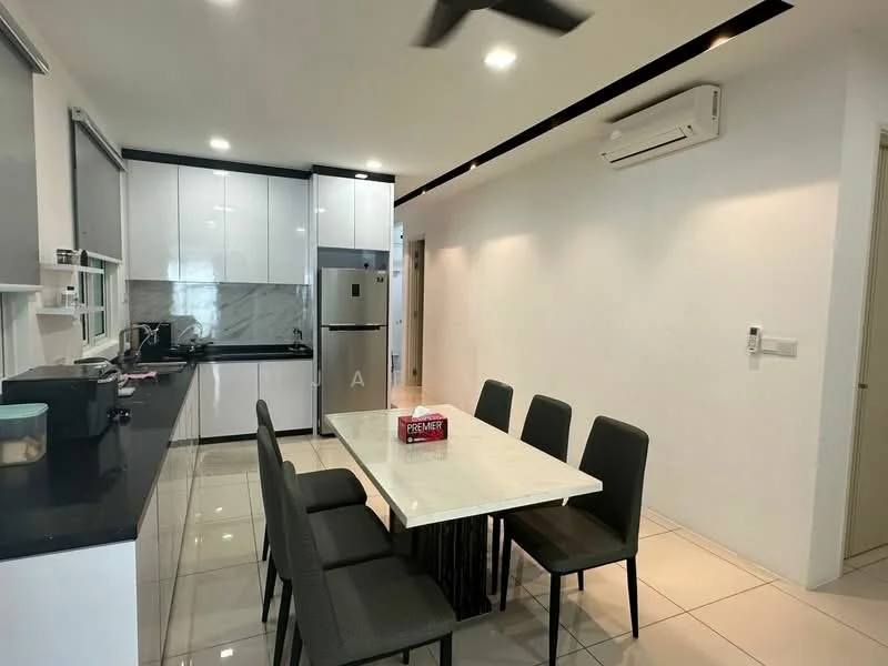 Kitchen features: white shaker cabinets, black countertop, stainless-steel fridge, built-in oven, ceramic tile flooring, recessed downlights, marble backsplash, single-bowl stainless-steel sink, chrome pull-down faucet; style: modern. Dining features: 6-seater dining table with marble top, black upholstered dining chairs, pendant light, air conditioning unit, white painted walls, sliding glass door, floor-to-ceiling windows; style: modern.