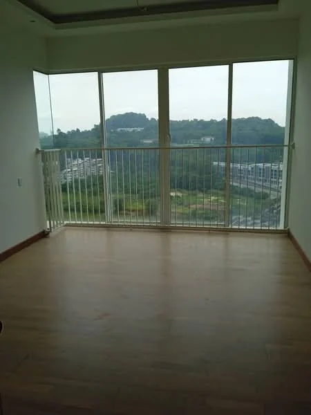 Room features: large floor-to-ceiling windows, wooden flooring, white painted walls, balcony with railing, view of greenery, natural light, open space, no visible furniture; style: modern; view: garden.