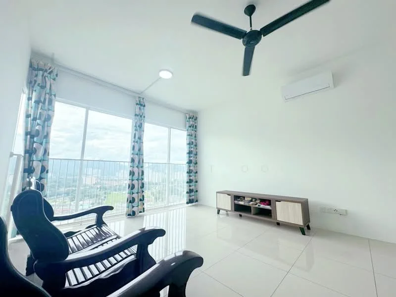 Living features: floor-to-ceiling windows, white painted walls, glossy tile flooring, 5-blade ceiling fan, wall-mounted split AC, TV console, black wooden rocking chairs, curtains with geometric pattern, natural light from windows, city view from windows; style: modern; view: city.