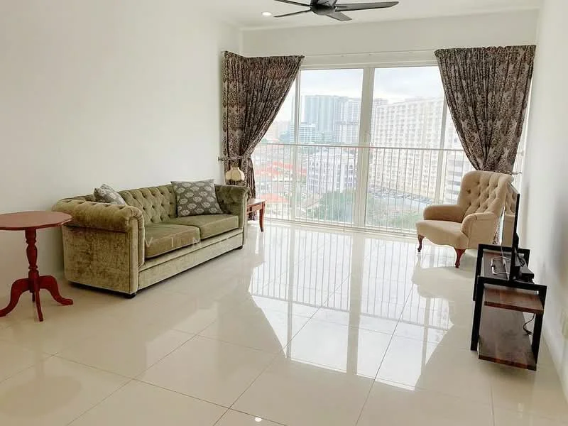 Living features: green velvet sofa, 2-seater armchair in beige, round wooden side table, floor-to-ceiling windows, curtains with floral pattern, white painted walls, glossy ceramic tile flooring, ceiling fan, decorative cushions, view of city skyline; style: modern; view: city.