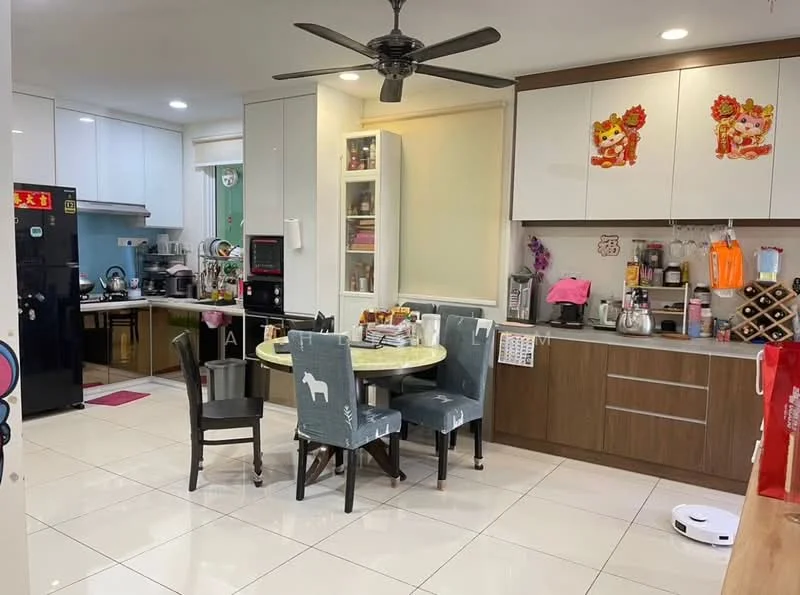 Kitchen features: white cabinets with wood accents, black refrigerator, built-in oven, stainless-steel sink, chrome pull-down faucet, ceramic tile flooring, round dining table, 4 upholstered dining chairs, wall-mounted cabinets, countertop with appliances, pendant lighting, ceiling fan, decorative wall stickers; style: modern.