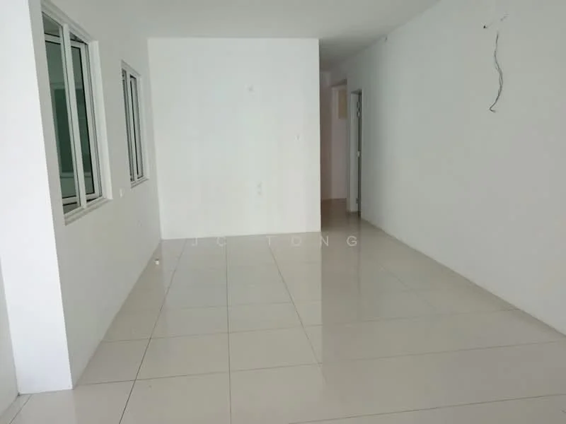 Room features: white painted walls, glossy ceramic tile flooring, multiple windows, doorway leading to another room, neutral color scheme, no visible furniture, minimalist design, bright lighting; style: minimalist.