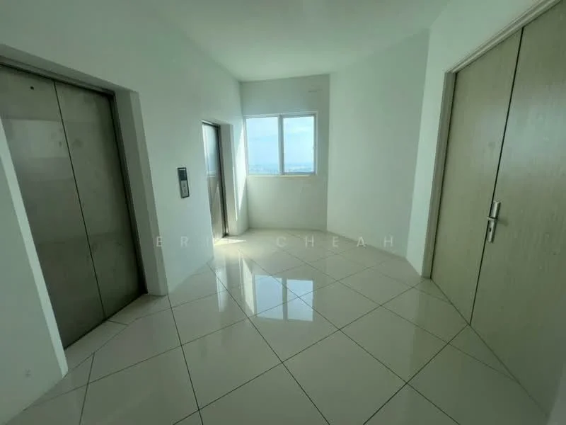 Room features: elevators, large window with city view, white painted walls, glossy white tile flooring, neutral-colored doors, corner location, natural light from window, modern design; style: modern; view: city.
