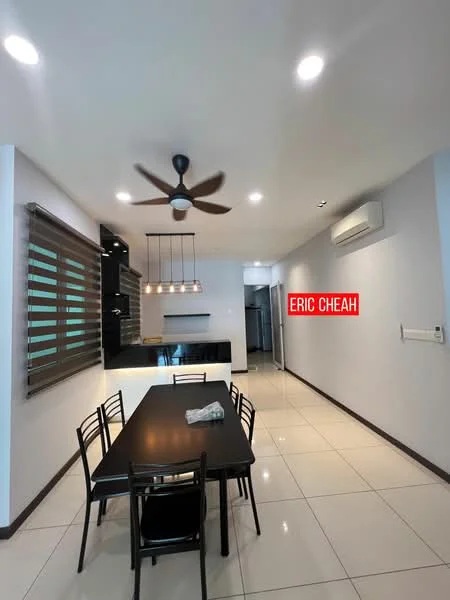 Dining features: black dining table, 6 black dining chairs, ceiling fan with 5 blades, recessed LED downlights, wall-mounted air conditioning unit, white painted walls, cream tiled flooring, window with horizontal blinds, open layout to kitchen, decorative pendant lights above table; style: modern.