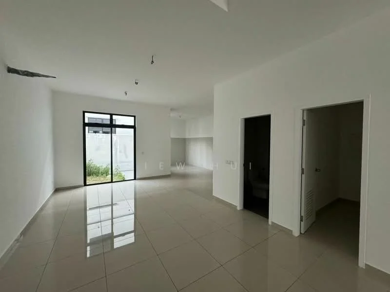Room features: white painted walls, glossy tile flooring, large floor-to-ceiling windows, natural light, recessed downlights, open layout, doorway leading to another room, doorway leading to bathroom, minimalist design; style: modern; view: garden.