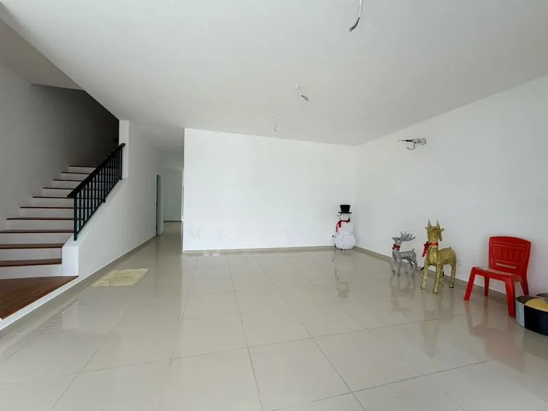 Living features: white painted walls, glossy ceramic tile flooring, recessed downlights, staircase with wooden steps and black railing, decorative snowman figure, decorative reindeer figures, red plastic chair, neutral color scheme; style: modern.