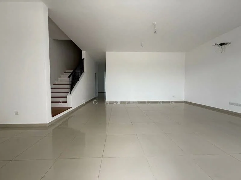 Room features: white painted walls, large floor tiles, staircase with black railing, open space layout, high ceiling, no visible furniture, natural light from windows, neutral color scheme; style: modern.