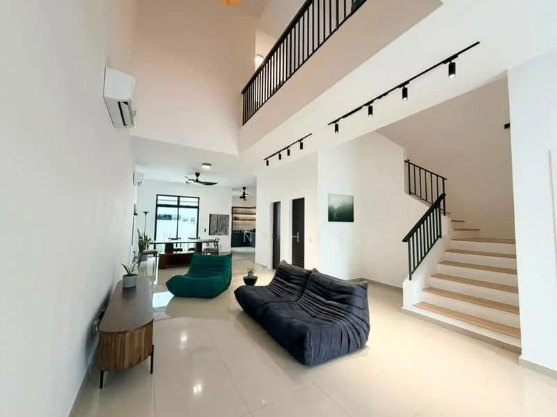 Living features: 2-seater fabric sofa in navy blue, 3-seater fabric sofa in dark grey, wall-mounted TV, wooden console table, recessed LED downlights, 5-blade ceiling fan, white painted walls, tile flooring, staircase with wooden steps and black railing, large windows for natural light, decorative wall art; style: modern.