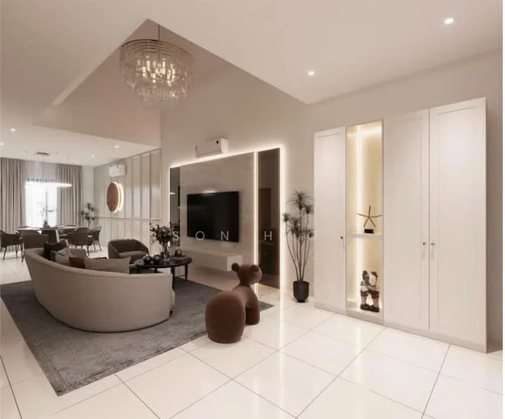 Living features: cream painted walls, white ceiling with recessed downlights, large floor-to-ceiling windows with sheer curtains, 3-seater fabric sofa in light grey, round coffee table, area rug with geometric pattern, wall-mounted TV, built-in cabinetry with glass display, chandelier, decorative plants, wall art, plush brown bear sculpture; style: modern.