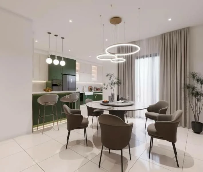 Dining features: round dining table, upholstered dining chairs, pendant lighting with circular design, white walls, large windows with sheer curtains, green cabinetry in kitchen area, stainless-steel fridge, ceramic tile flooring, indoor plants in pots; style: modern. Kitchen features: green cabinetry, stainless-steel appliances, white countertop, open shelving, ceramic tile flooring; style: modern.