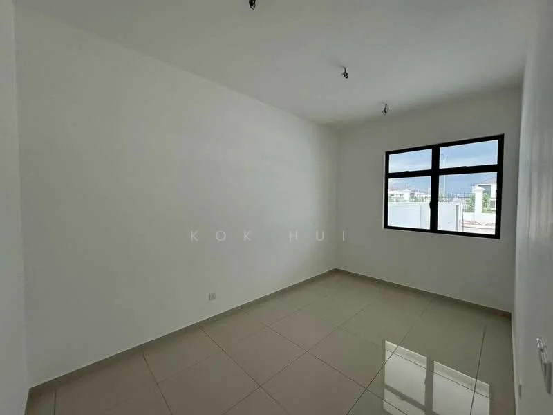 Room features: white painted walls, tile flooring, large window, ceiling lights, neutral color scheme; style: modern.