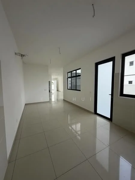 Room features: white painted walls, glossy ceramic tile flooring, large windows with black frames, door with black frame, recessed ceiling lights, neutral color scheme, open layout, high ceiling; style: modern.