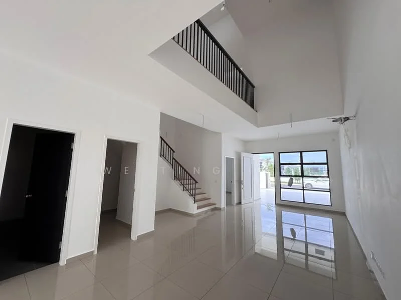 Room features: white painted walls, glossy tile flooring, high ceiling, large windows, staircase with metal railing, ceiling fan, doorways leading to other rooms, natural light from windows; style: modern; view: garden.