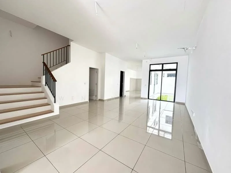 Living features: white painted walls, glossy ceramic tile flooring, large floor-to-ceiling windows, sliding glass door, staircase with wooden steps and metal railing, recessed downlights, open layout, natural light from windows, view of outdoor space; style: modern; view: garden.