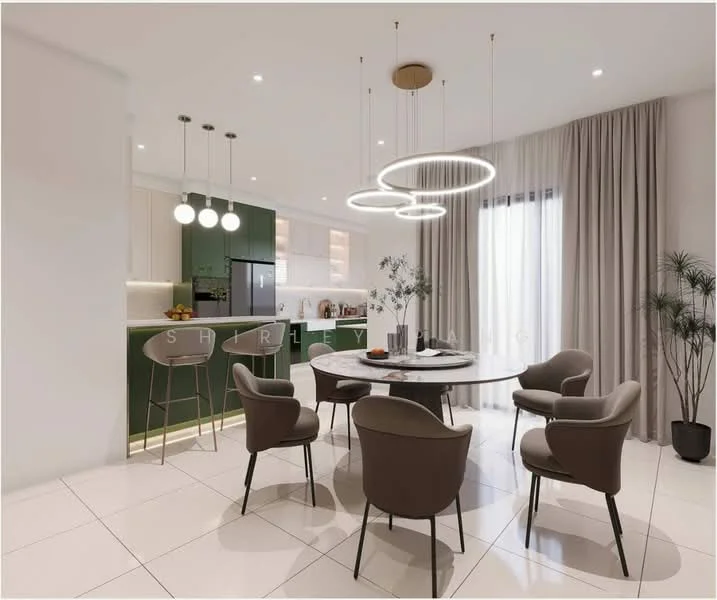 Dining features: round dining table, upholstered dining chairs, 3 pendant lights with circular design, white walls, light-colored flooring, floor-to-ceiling windows, sheer curtains, green cabinetry in background, stainless-steel fridge, bar stools at counter; style: modern.