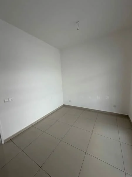 Room features: white painted walls, tile flooring, single light fixture on ceiling, no visible windows, empty space; style: minimalist.