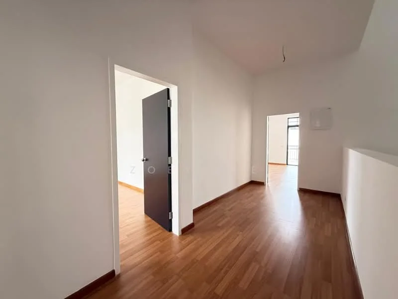 Room features: white painted walls, wooden flooring, single door, large window, high ceiling, neutral color scheme, open layout, natural light; style: modern.